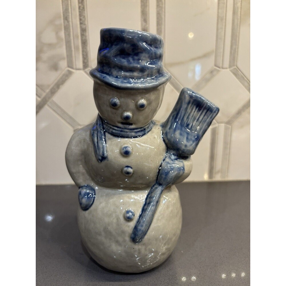 Vintage Beaumont Brothers Pottery BBP Snowman Salt Glazed 8in Blue Grey Broom